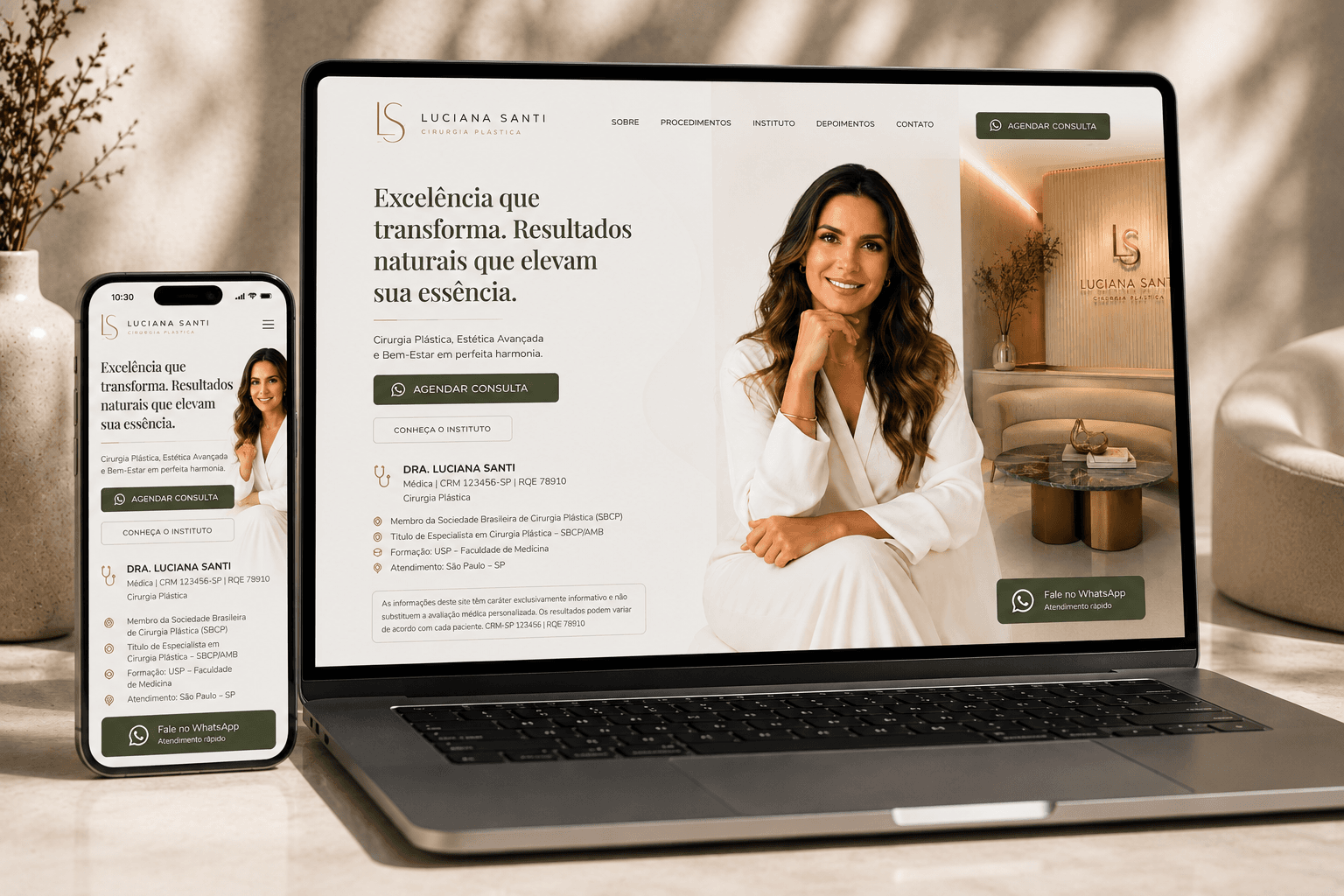 Mockup de site para médicos exibido em notebook e celular