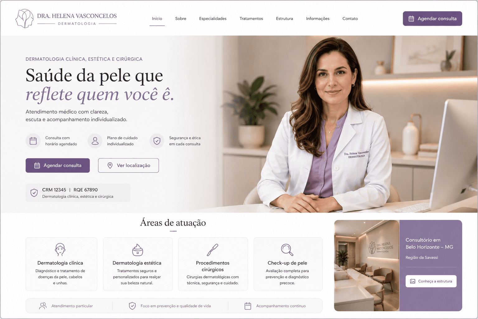 Modelo de site médico para consultório com informações profissionais em destaque