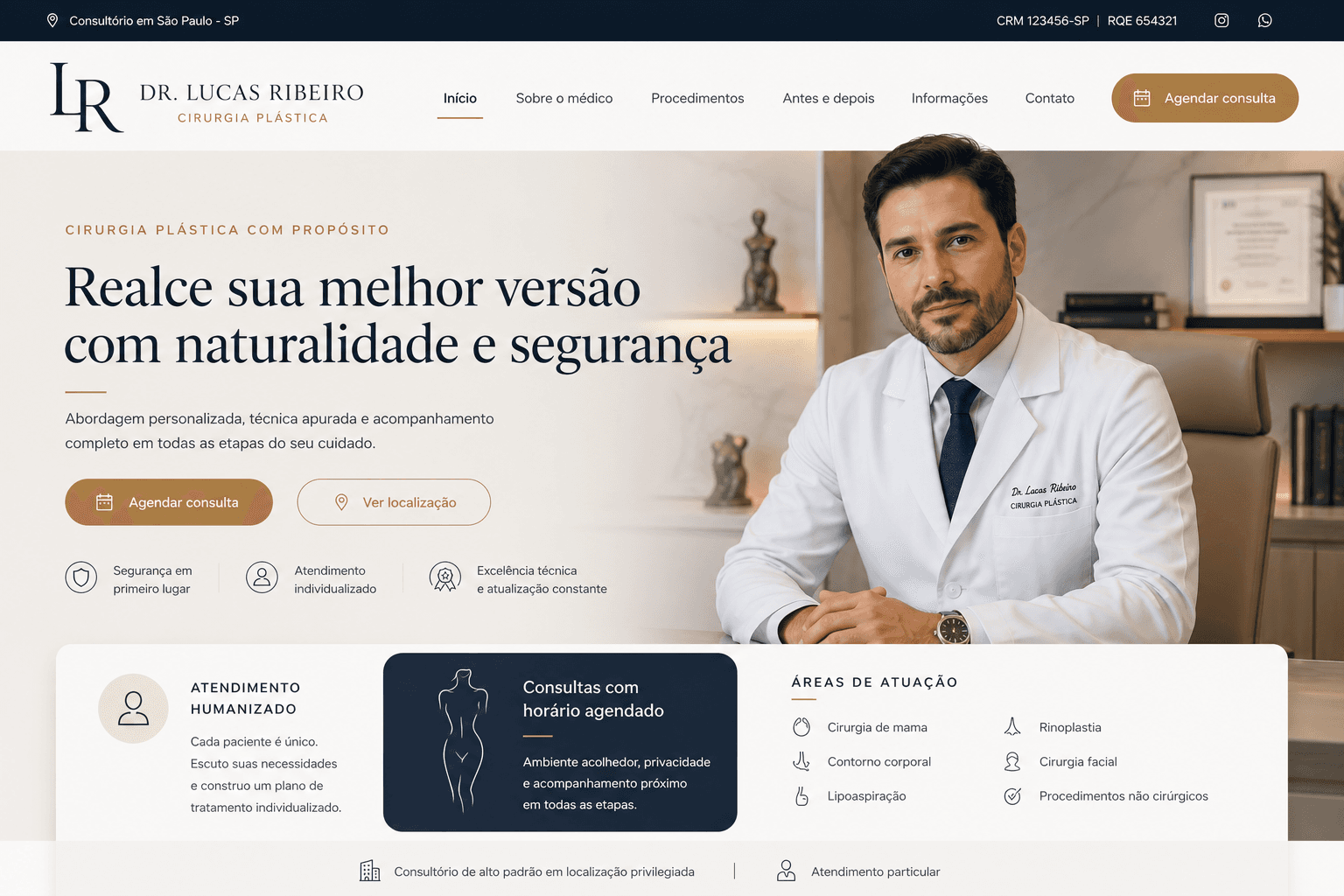 Modelo de site para clínica médica com layout claro e confiável